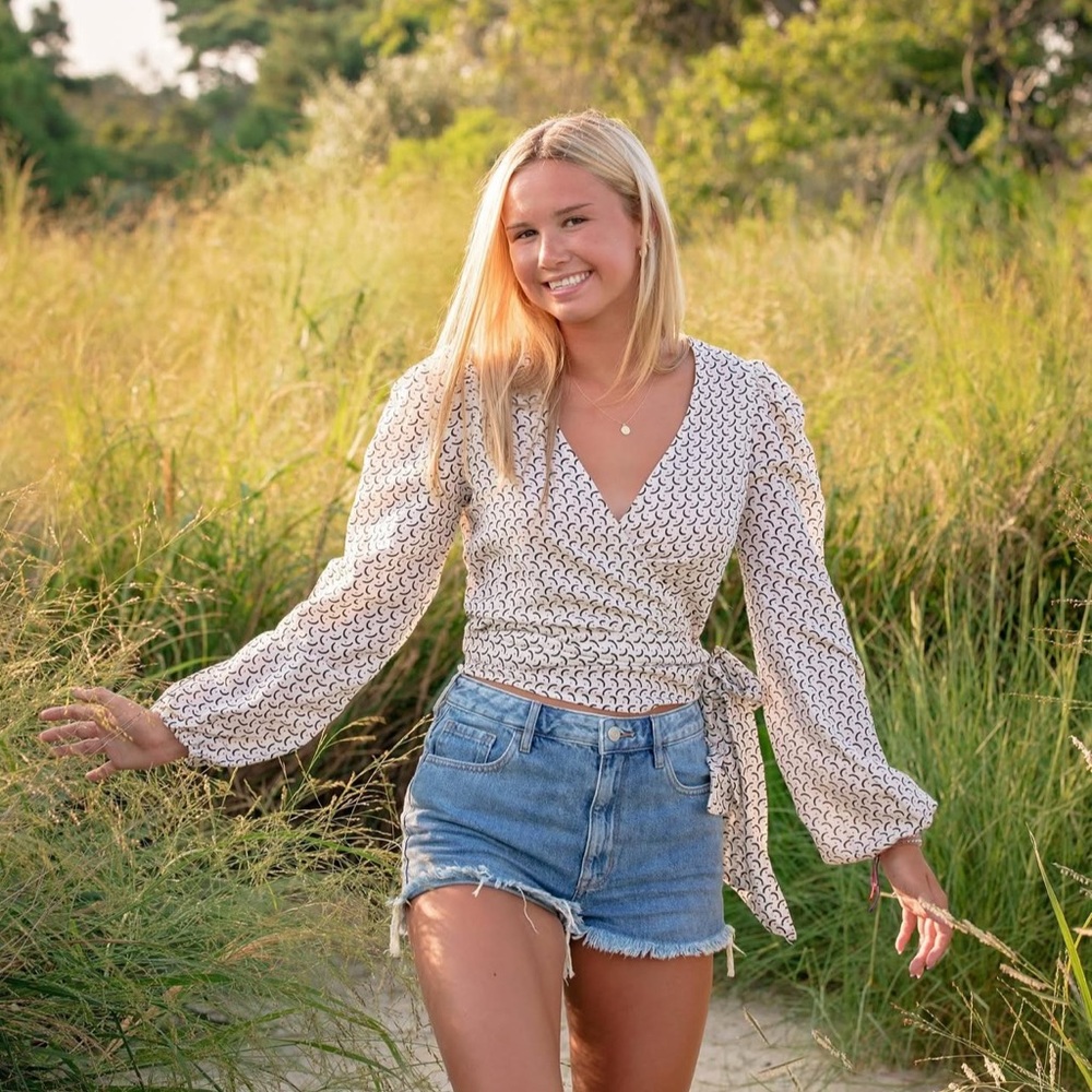Billabong White Wrap Blouse with Navy Print